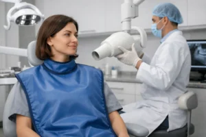 عکس از یک خانم که روپوش سربی دندانپزشکی تنش هستش